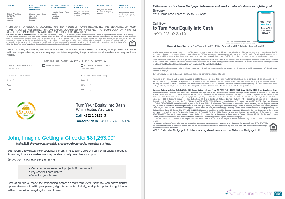 Download Somalia Dara Salaam bank mortgage statement in Word and PDF formats 3 4 Photoshop template